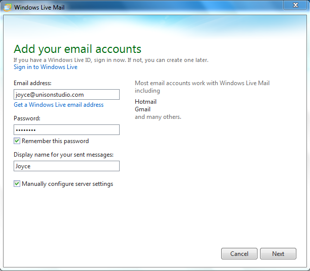 Setting up email in Windows Live Mail - Step 2